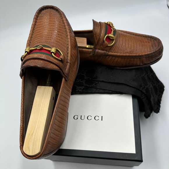 Gucci Authentic 1953 Style Web Stripe Horsebit Snakeskin Loafers (Mens 8) - Picture 8 of 9